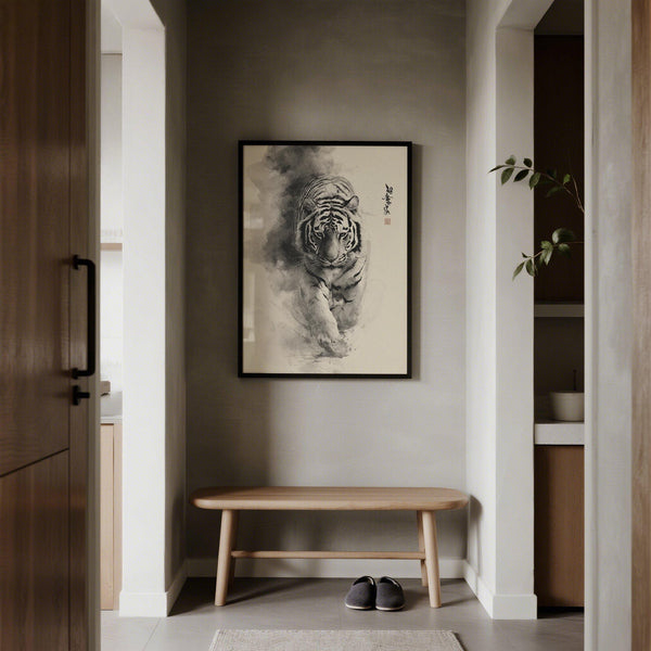 Gros plan sur une peinture murale représentant un tigre à l'encre sumi-e au regard intense.