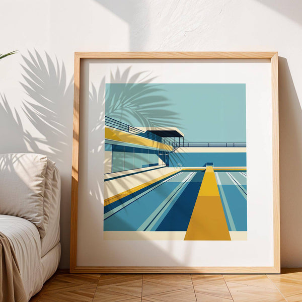 Œuvre d'art contemporaine représentant une piscine, idéale pour les intérieurs modernistes.