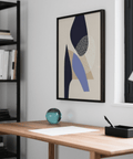 Affiche d'art abstrait utilisant le beige et le bleu, idéale pour une salle à manger