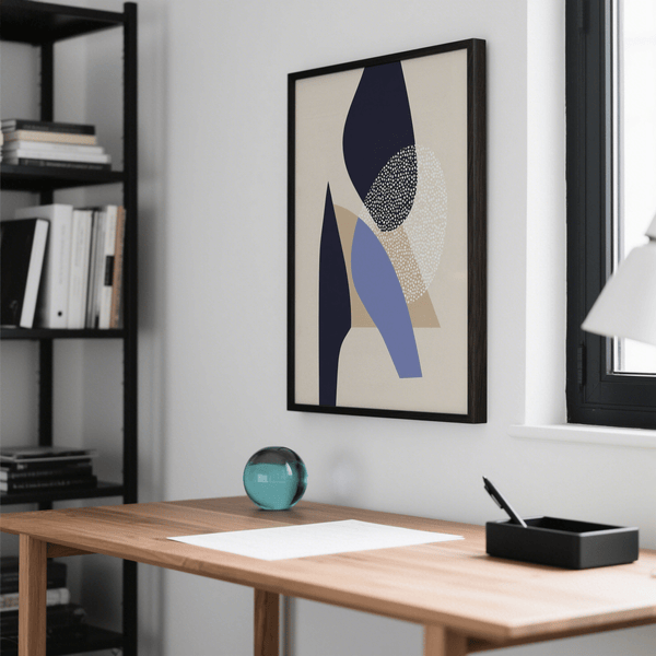 Affiche d'art abstrait utilisant le beige et le bleu, idéale pour une salle à manger