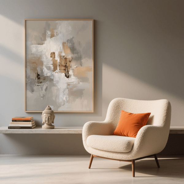 Affiche artistique aux tons neutres, beige, blanc et gris, pour décorer les murs de votre salle à manger.