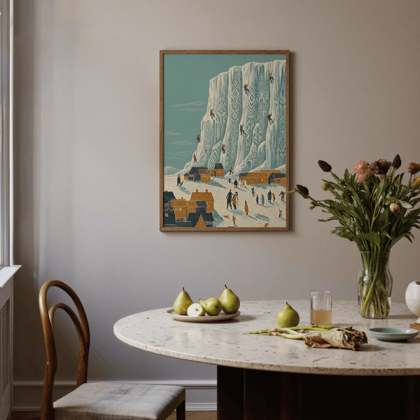 Impression artistique « Mountain Climbing » avec détails blancs et orange pour décorer votre salon