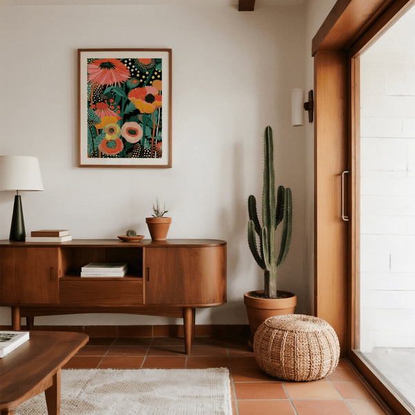 Tableau mural tropical, thème vert et orange pour un espace de travail créatif