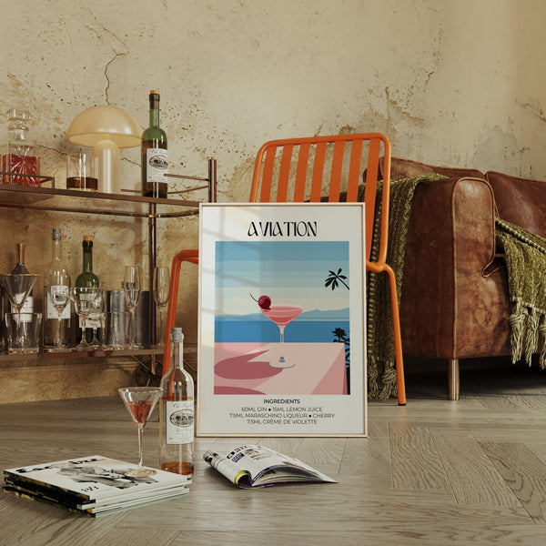 Imprimés Aviation aux tons pastel doux dans le style Matisse, représentant des cocktails.