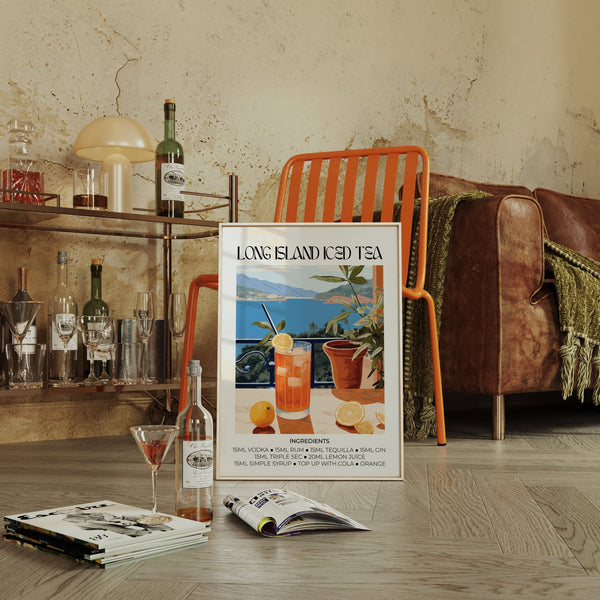 Décoration murale inspirée de Matisse, aux tons orange et jaune vifs, pour accompagner vos cocktails.