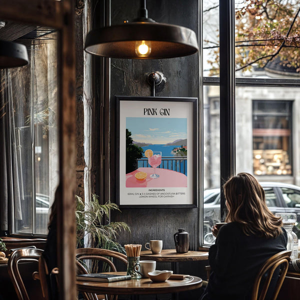 Affiche élégante sur la mixologie, dans des tons doux, parfaite pour décorer un chariot de bar.