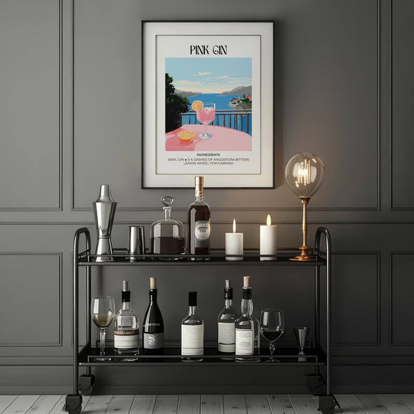 Affiche cocktail Pink Gin idéale pour décorer un bar roulant de façon féminine