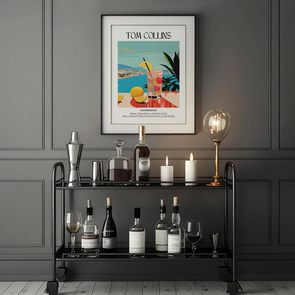 Affiche vibrante représentant un cocktail à base de gin qui ajoutera une touche d'élégance à votre espace bar décoré d'œuvres d'art.