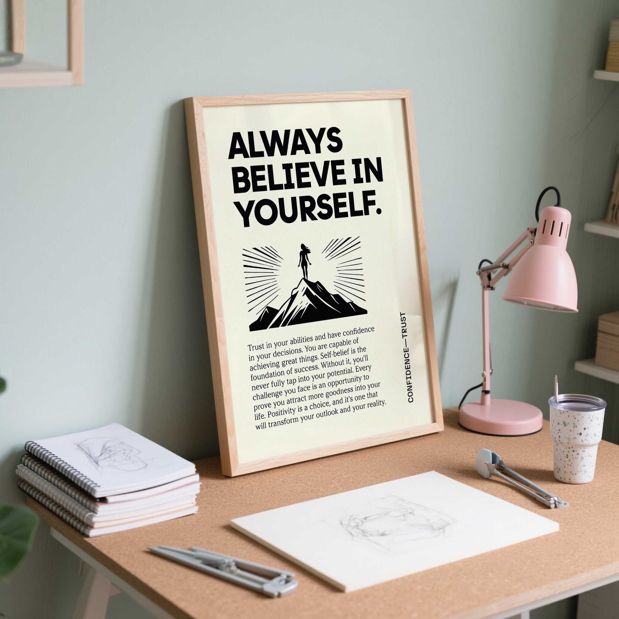 Affiche motivante sur un bureau avec des articles de papeterie et une lampe.