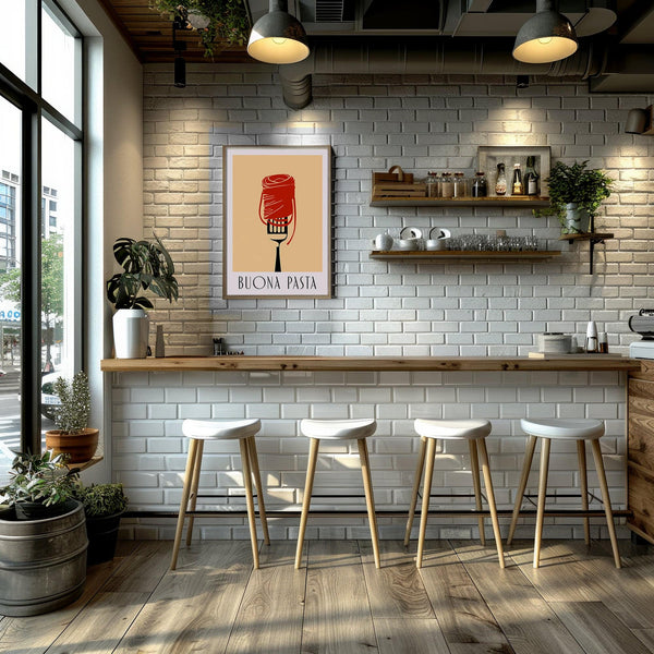 Décoration murale minimaliste sur le thème des pâtes, avec illustration représentant des spaghettis enroulés autour d'une fourchette.