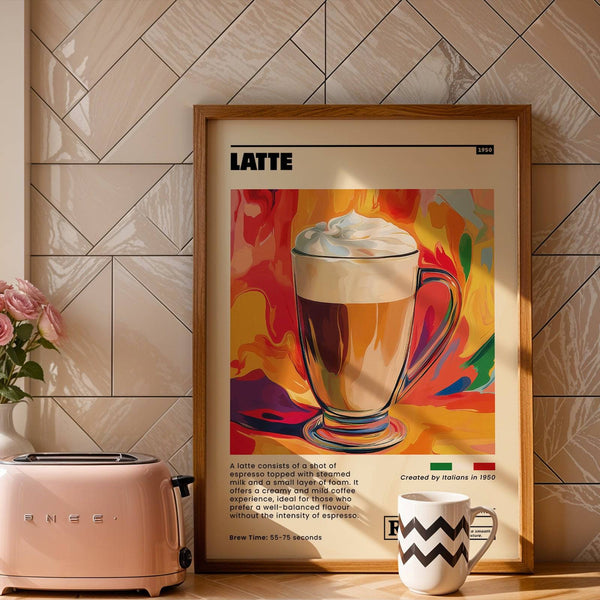 Affiche audacieuse représentant l'art du café italien, recette de latte aux couleurs vives
