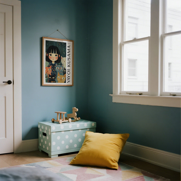 Chambre d'enfant avec un coffre à jouets à pois, un coussin jaune et des œuvres d'art encadrées sur un mur bleu sarcelle.