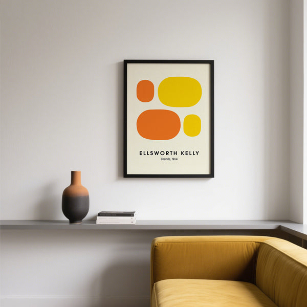 Art mural minimaliste contemporain avec des formes orange et jaunes pour une décoration moderne