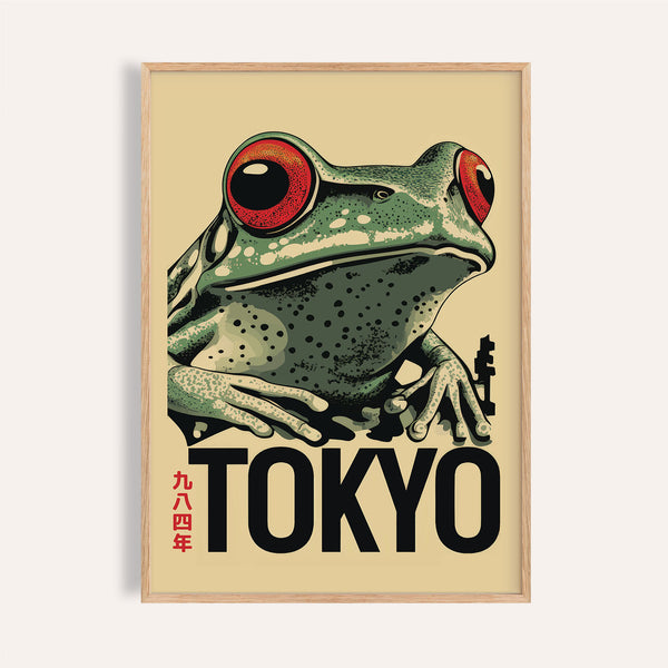 Affiche vintage représentant une grenouille, inspirée de l'art japonais néon