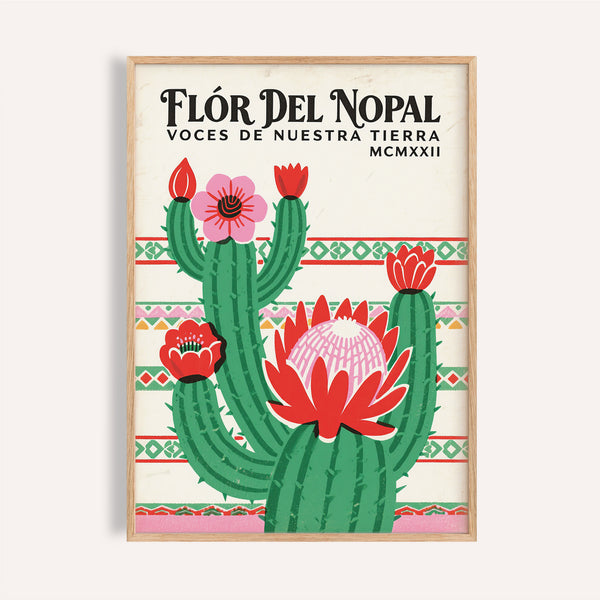 Impression d'art populaire mexicain représentant un cactus avec des fleurs et du texte sur fond blanc