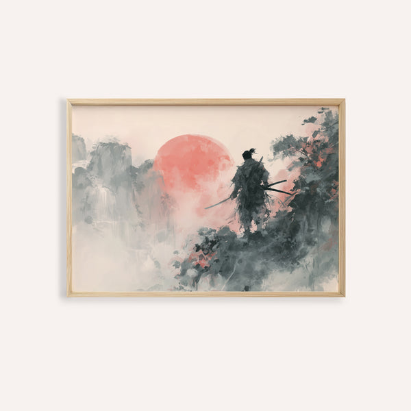 Affiche abstraite représentant un guerrier avec un soleil rouge et un guerrier noir, pour décorer le mur de votre salon.