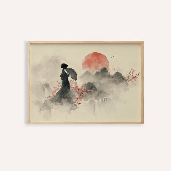 Poster mural oriental rouge, beige et noir pour décorer les murs de votre salon