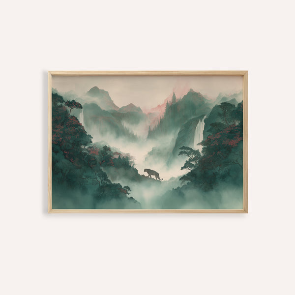 Tableau mural Tiger Landscape aux nuances vertes et roses pour le salon