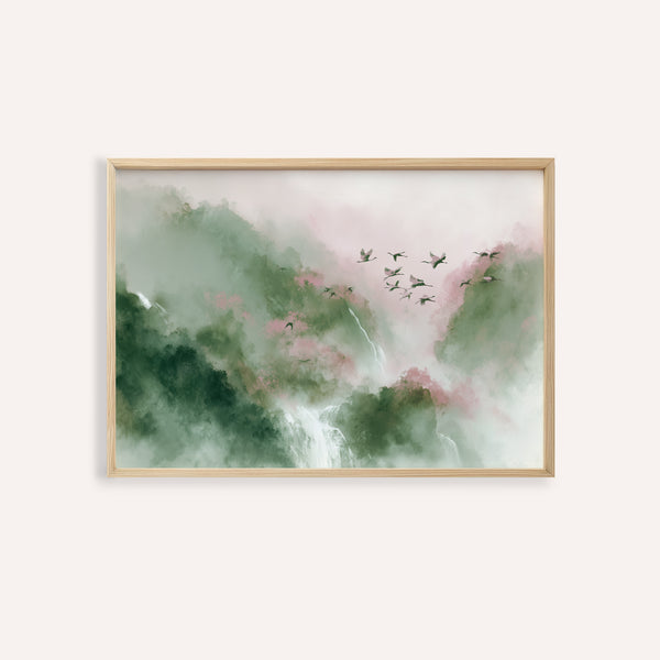 Impression aquarelle d'oiseaux verts et roses pour décorer le mur de votre salon