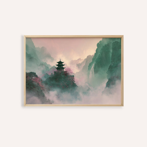 Art Misty Mountain Temple en beige, vert et rose pour décoration murale de salon