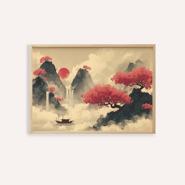 Art mural à l'encre de Chine en rose, bleu et beige pour le salon