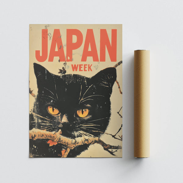 Affiche d'art japonais saisissante représentant une illustration captivante d'un chat noir, issue de Japan Week.
