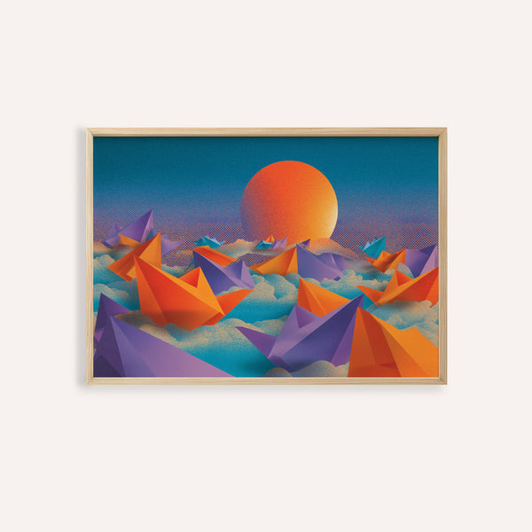 Origami mural orange, bleu et violet pour affiche de salon