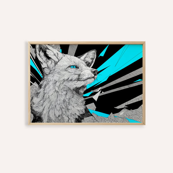 Impression artistique rétro Fox avec bleu, gris, noir et blanc pour décorer les murs de votre salon