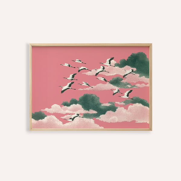 Impression murale Pink Crane avec vert et rose pour la décoration du salon