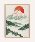 Impression japonaise contemporaine représentant le mont Fuji avec un soleil rouge, pour le salon.