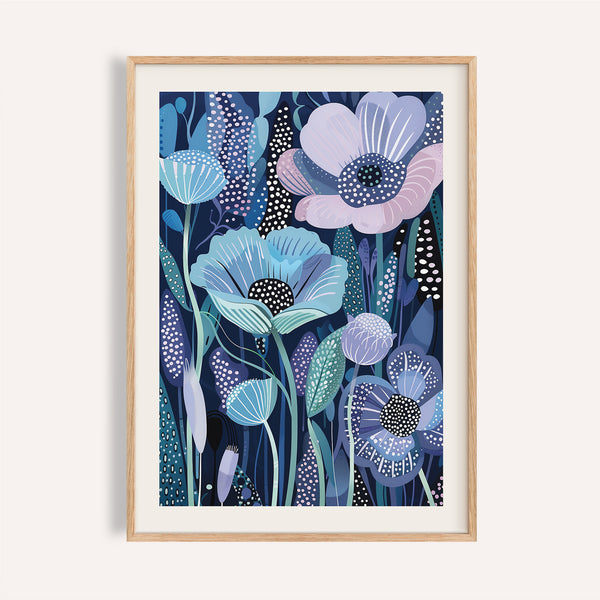 Art abstrait japonais floral bleu et violet dans des tons bleu marine et aqua.