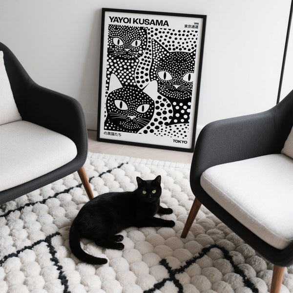 Affiche représentant un chat inspirée du style à pois de Yayoi Kusama