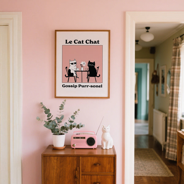 Affiche humoristique représentant des chats élégants dégustant un café