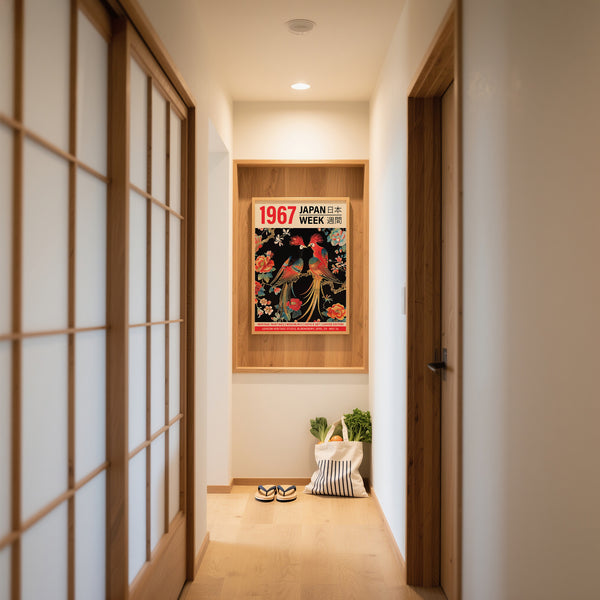 Impressions minimalistes d'art japonais représentant deux oiseaux colorés dans un couloir lambrissé