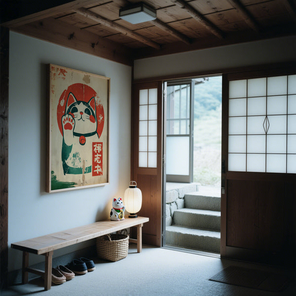 Imprimé traditionnel japonais représentant un chat porte-bonheur Maneki-Neko levant la patte en signe de bonne fortune.