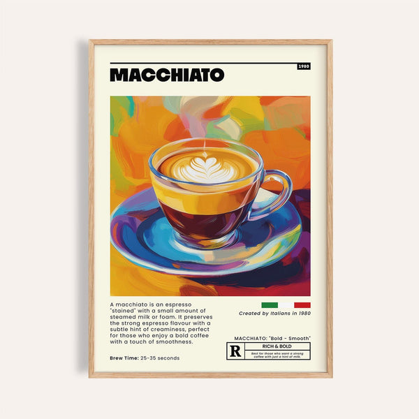 Affiche colorée représentant un café macchiato dans le style des cafés italiens