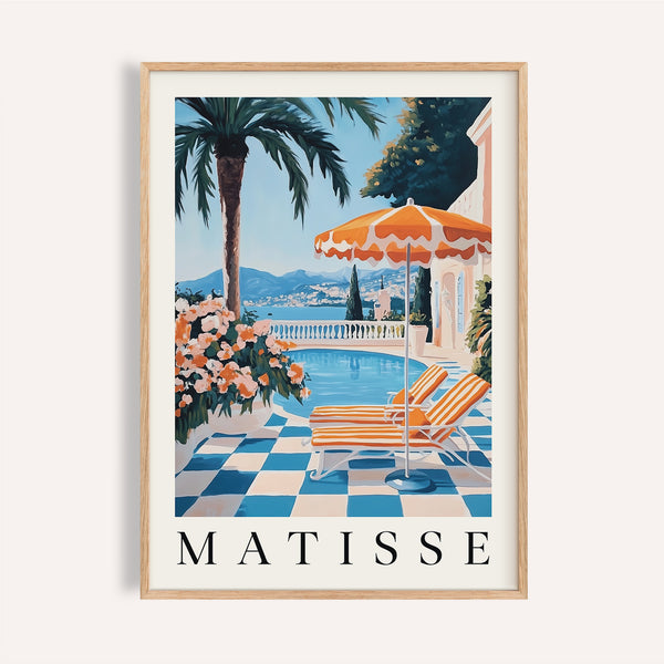 Chaises longues orange rayées au bord de la piscine sur la côte amalfitaine, impression murale pour salon