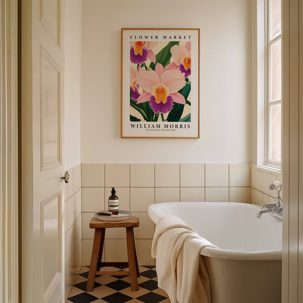 Palette de couleurs verte et violette dans un motif détaillé d'orchidées pour décoration murale