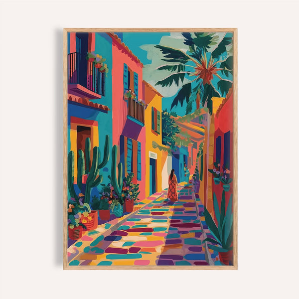 Impression colorée d'art urbain mexicain avec des bâtiments roses et des plantes tropicales