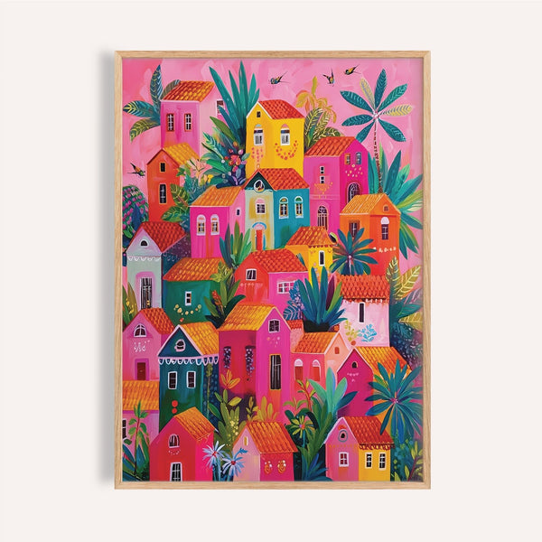 Maisons rose vif et jaune dans Mexican Village Painting, décoration murale