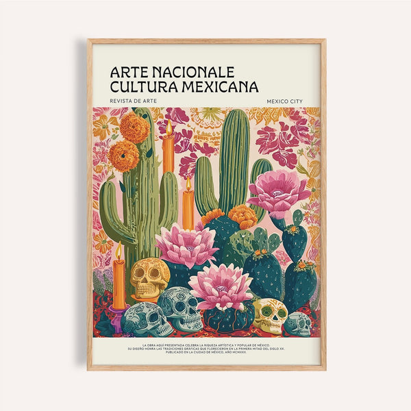 Décoration murale colorée pour le Jour des morts avec des crânes en sucre et des fleurs de cactus