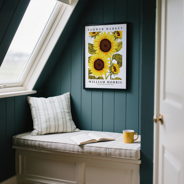 Décoration murale inspirée de William Morris, représentant des tournesols dans un style vintage