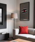 Décoration murale hypnotique sur le thème des yeux, dans un salon minimaliste