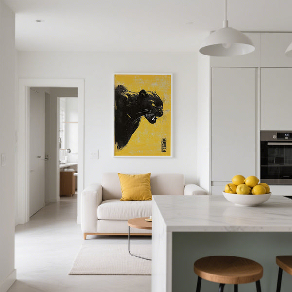 Cuisine et salon modernes avec un mur noir panthère.