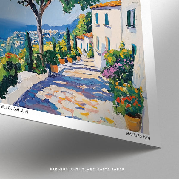 Peinture représentant une rue pittoresque avec des fleurs et des bâtiments, portant la signature de Matisse.