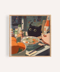 Décoration murale ramen avec chat noir et oranges sur une table à manger en bois