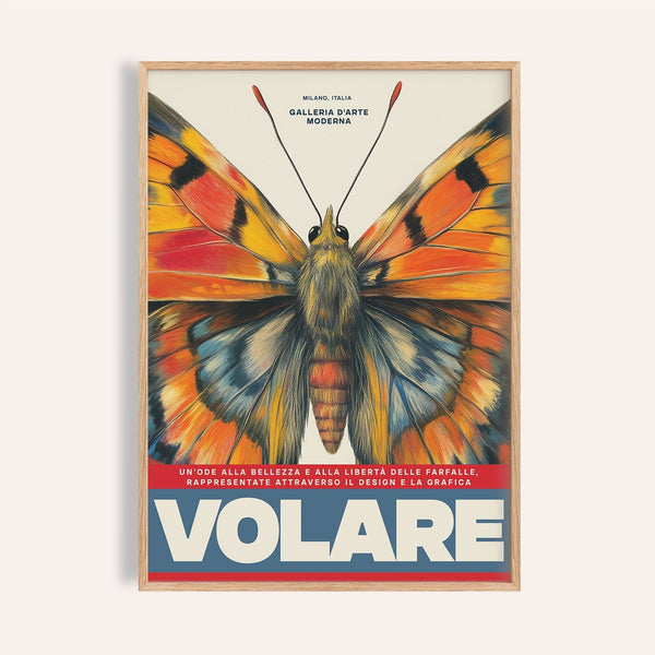Impression murale artistique représentant un papillon aux couleurs vives, rouge, orange et jaune, pour décorer votre salon.