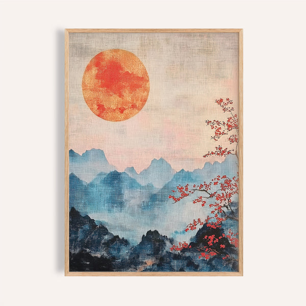 Art japonais représentant une montagne avec un soleil rouge et de la brume, pour des salons sereins.