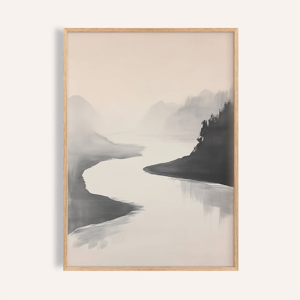 Peinture monochrome à l'encre de Chine représentant une scène fluviale paisible, pour salon.

