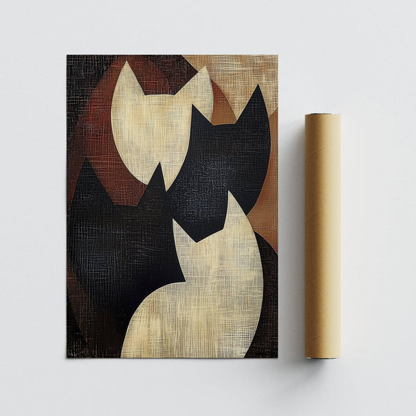 Art minimaliste abstrait représentant des chats aux formes d'inspiration japonaise pour la chambre à coucher